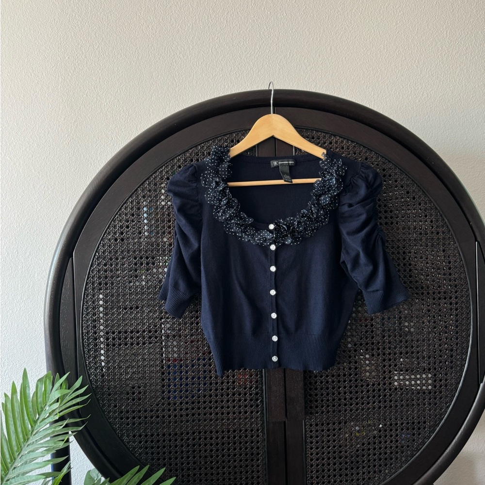 INC Navy Polka Dot Ruffled Quarter Sleeve Crop Cardigan